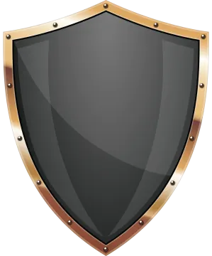 a black shield with gold accents on a white background