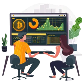two people sitting in front of a computer with bitcoin on the screen