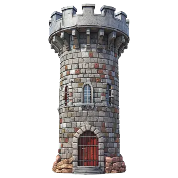a stone tower with a red door on top