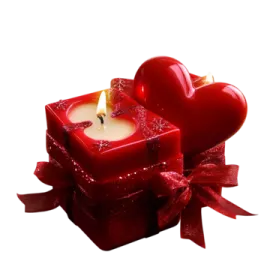 a red heart shaped candle with a bow around it