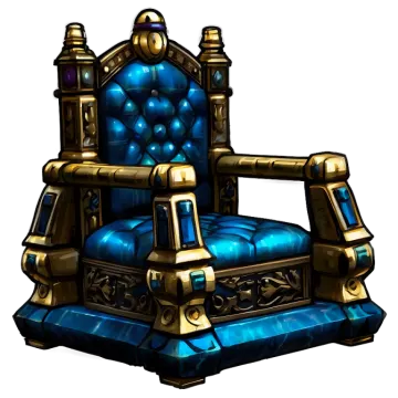 a blue chair with gold accents