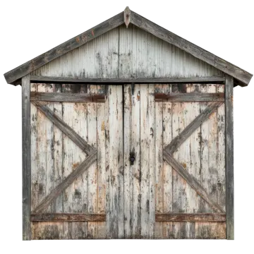 an old wooden shed with two open doors