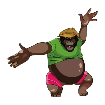 a gorilla wearing a green shirt and pink shorts