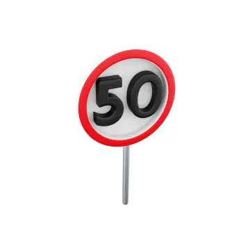 a red and white road sign with the number 50