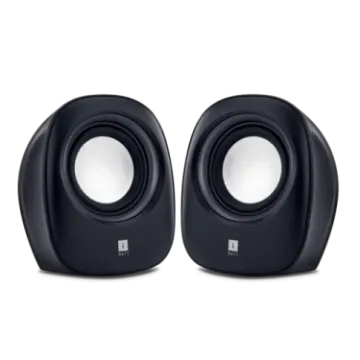 a pair of black speakers on white background