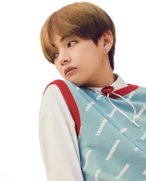 a boy with brown hair wearing a blue and white sweater