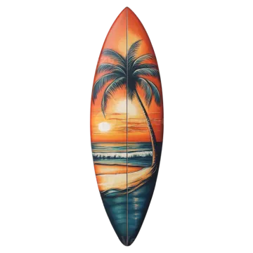 a surfboard with a painting of a palm tree on it