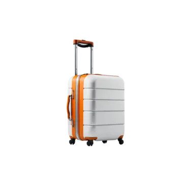 a white and orange suitcase with wheels