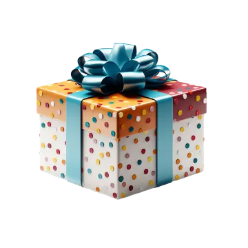 a colorful gift box with a blue bow