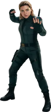 a woman in black widow costume pointing at the camera