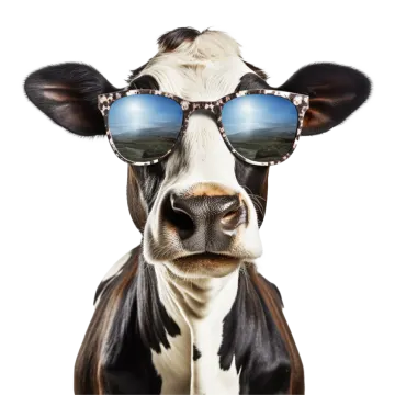 a cow wearing sunglasses and looking at the camera