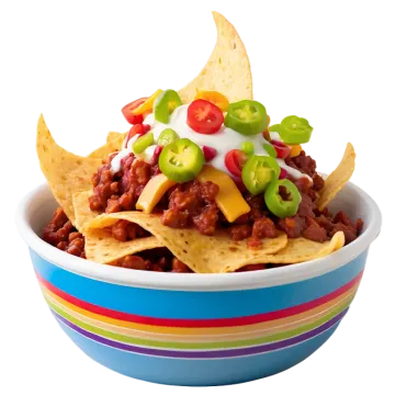 a bowl of chili and cheese with chips