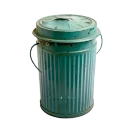 a green metal trash can with a lid