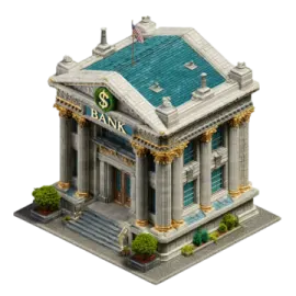 a bank building with a blue roof