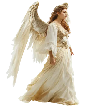 a woman in a white dress with angel wings