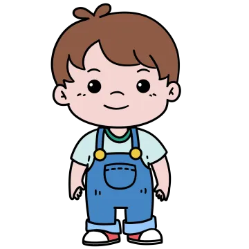 a little boy wearing overalls and a blue shirt