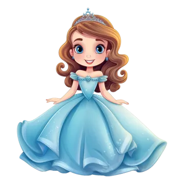 a little girl in a blue dress with a tia on her head