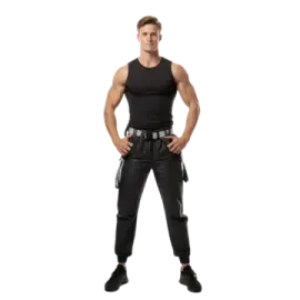a man in a black tank top and pants
