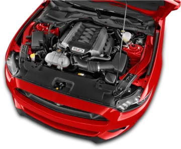 the engine compartment of a red car