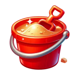 a red bucket with a shovel in it