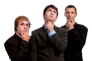 three men in suits are looking up to the sky