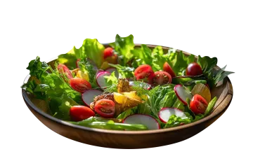 a wooden bowl filled with salad and vegetables