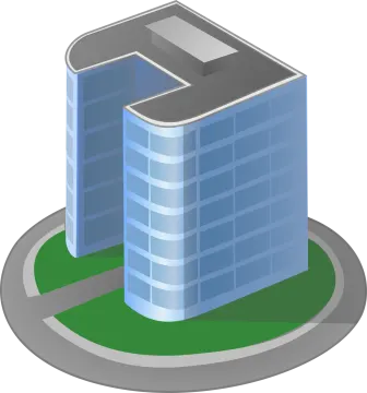 a blue building with a green roof