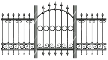 a wrought fence with an arrow on the top