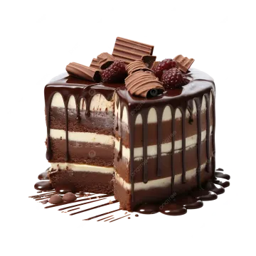 a piece of chocolate cake on a white background