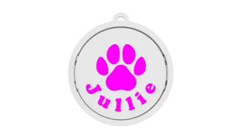 a white oval pendant with pink paw print on it