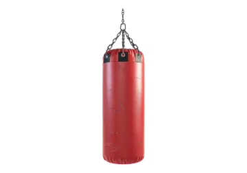 a red punching bag hanging on a chain