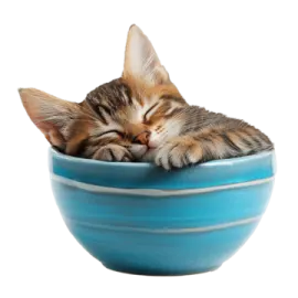 a kitten sleeping in a blue bowl