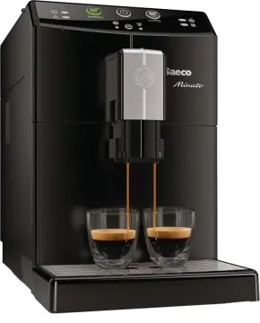 a black coffee machine with two glasses on it
