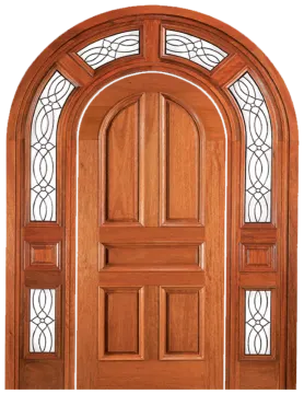 a wooden door with arched glass