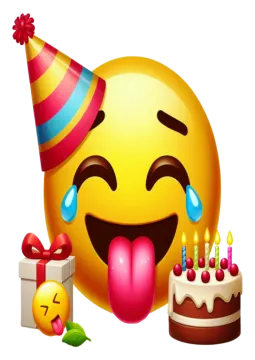 a smiley face with a birthday hat and cake