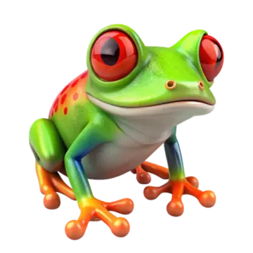 a green frog with red eyes sitting on the ground