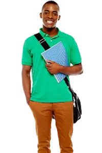 a man in a green shirt and brown pants