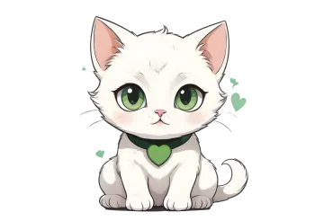 a white cat with green eyes sitting on the ground