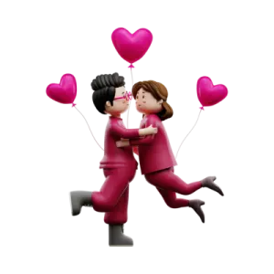 a man and woman kissing with pink balloons