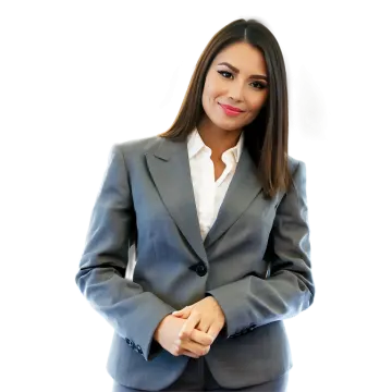 a woman in a gray suit and white shirt