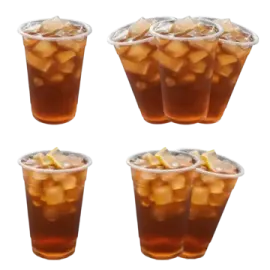 a set of four glasses filled with iced drinks