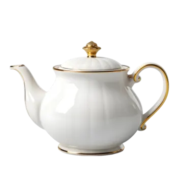 a white teapot with gold trimming