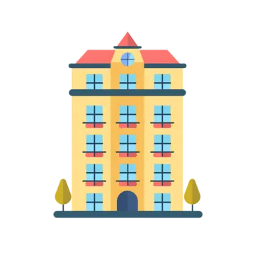 a yellow building with windows and a red roof