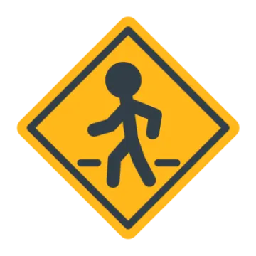 a yellow and black road sign with a person walking