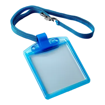 a blue plastic id badge with a lan