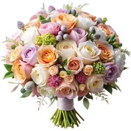 a wedding bouquet with peach and white flowers