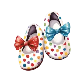 a pair of baby shoes with colorful polka dots