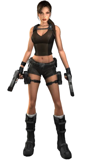 a woman in a black outfit holding two guns