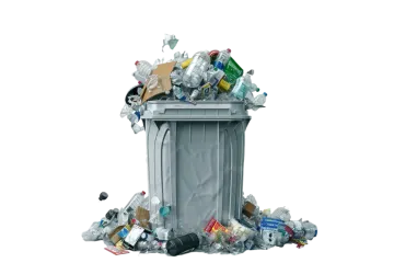 a grey trash can with many different types of garbage