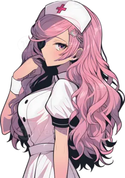 an anime girl with long pink hair wearing a nurse uniform